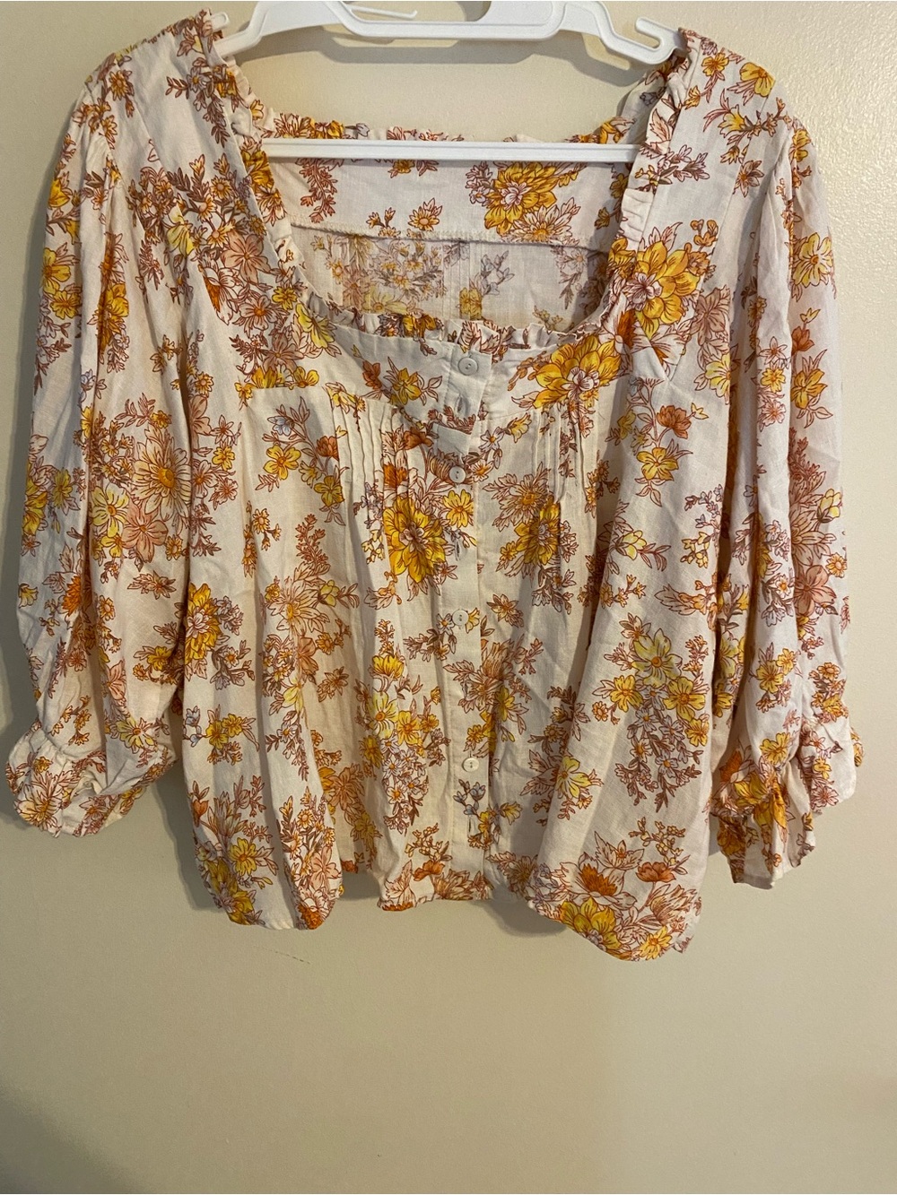 Women’s Floral Peasant Blouse - Yellow & Brown Floral